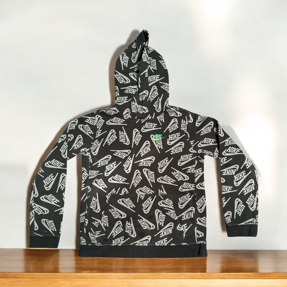 NIKE All Over Print Logo Dark and Light Gray Pullover Hoodie Sweatshirt Youth XL